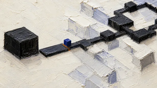 A close-up of a thickly painted oil painting: a flat output extends from a compact black machine block to a narrow burnt-orange threshold where the small indigo block stands. Beyond it, a dark decision path branches among pale, half-submerged alternatives.