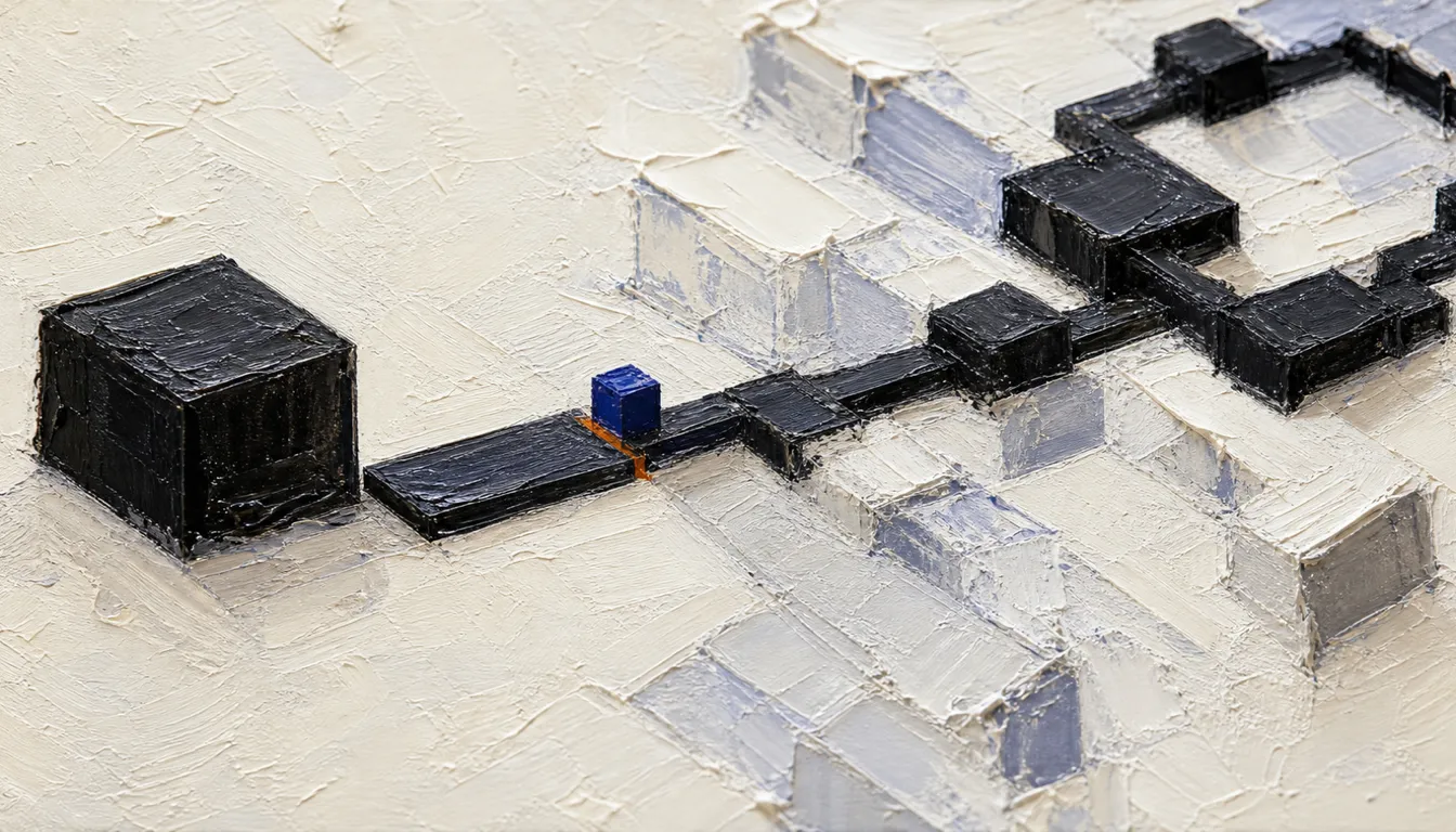 A close-up of a thickly painted oil painting: a flat output extends from a compact black machine block to a narrow burnt-orange threshold where the small indigo block stands. Beyond it, a dark decision path branches among pale, half-submerged alternatives.
