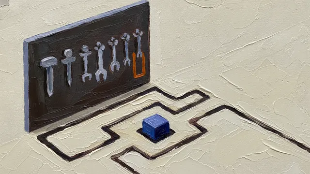 A close-up of a thickly painted oil painting: a tool wall with neatly hung wrenches, one slot outlined in burnt orange; the small indigo block does not hang on the wall — it sits below, embedded in a network of recessed channels that visibly rearrange themselves around it.