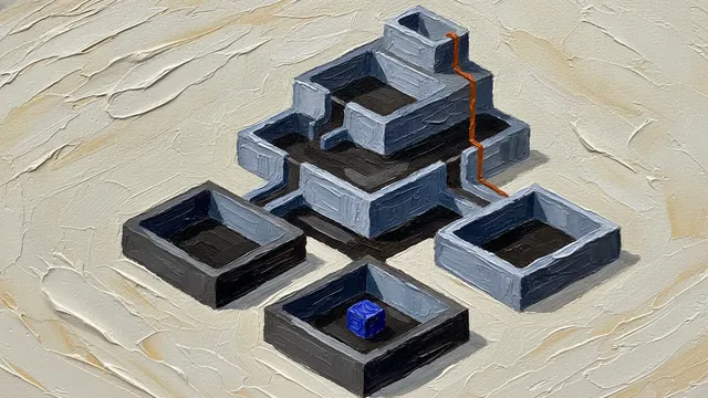 A close-up of a thickly painted oil painting: an isometric organization of nested chambers and stacked decks; the small indigo block stands in a ground-level chamber while a single thin burnt-orange signal wire climbs the outside of the structure straight to the topmost level, bypassing every deck in between.