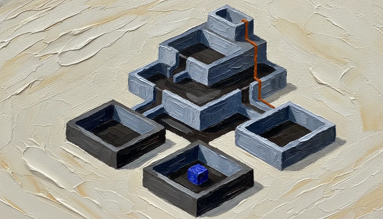 A close-up of a thickly painted oil painting: an isometric organization of nested chambers and stacked decks; the small indigo block stands in a ground-level chamber while a single thin burnt-orange signal wire climbs the outside of the structure straight to the topmost level, bypassing every deck in between.