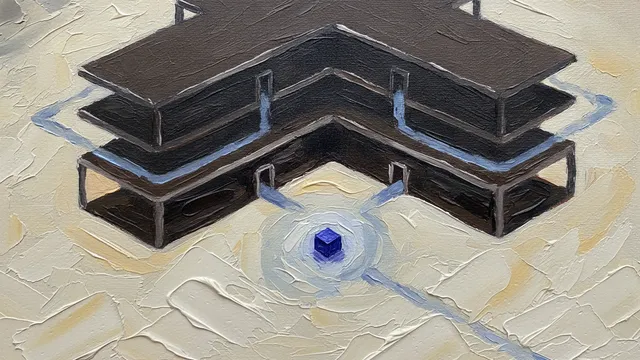 A thick impasto oil painting, seen close up: stacked isometric levels painted as dark oil blocks, with a small dab of indigo — the protagonist block — arrived on the lowest plane inside a soft painted halo of light.