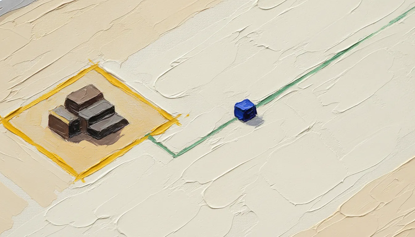 A close-up of a thickly painted oil painting: a precisely surveyed field outlined in corn yellow with dark blocks inside — the clean definition; from one corner of the outline a thin green line sets off across the open plane, along which the small indigo block is already under way toward the edge of the frame.
