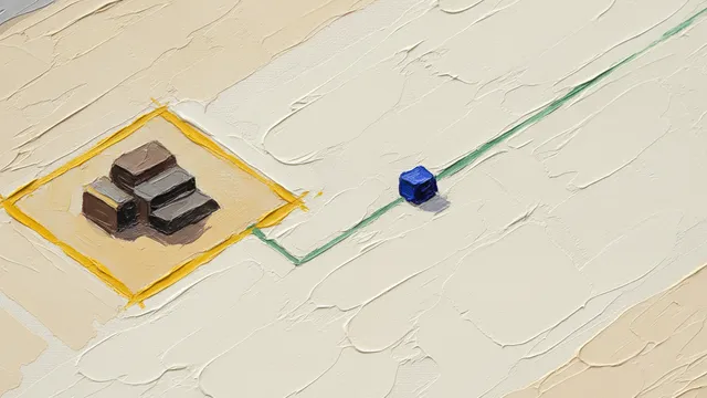 A close-up of a thickly painted oil painting: a precisely surveyed field outlined in corn yellow with dark blocks inside — the clean definition; from one corner of the outline a thin green line sets off across the open plane, along which the small indigo block is already under way toward the edge of the frame.