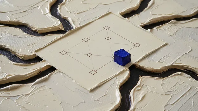 Macro view of a thickly painted oil surface: dark grooves are carved deep across a cream-colored floor. A pale sheet lies on it bearing a finely drawn diagram of a few small squares and ruled lines, covering only part of the surface; the grooves run beneath it and far past its edges. A small indigo block stands at the sheet's edge where one groove emerges.