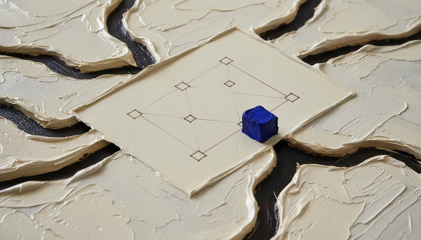 Macro view of a thickly painted oil surface: dark grooves are carved deep across a cream-colored floor. A pale sheet lies on it bearing a finely drawn diagram of a few small squares and ruled lines, covering only part of the surface; the grooves run beneath it and far past its edges. A small indigo block stands at the sheet's edge where one groove emerges.