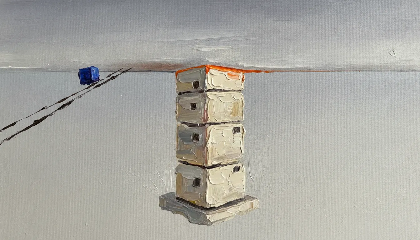 A heavily textured painting of pale machine blocks stacked beneath a translucent ceiling; a thin orange seam marks the point of contact, while a small indigo block continues above it on an open ramp.