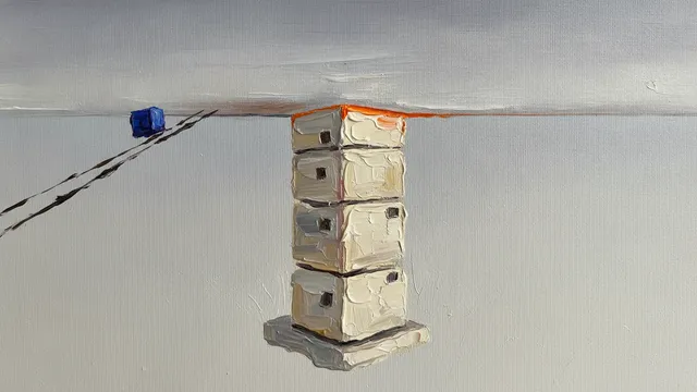 A heavily textured painting of pale machine blocks stacked beneath a translucent ceiling; a thin orange seam marks the point of contact, while a small indigo block continues above it on an open ramp.