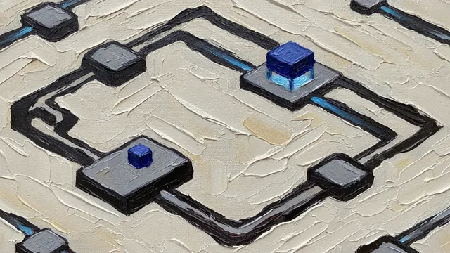 A thick impasto oil painting, seen close up: a closed isometric reasoning loop painted in heavy strokes; a small indigo dab — the protagonist block — sits at one station, while another link is a larger raised indigo block, a delegated model, its channels painted glowing indigo.