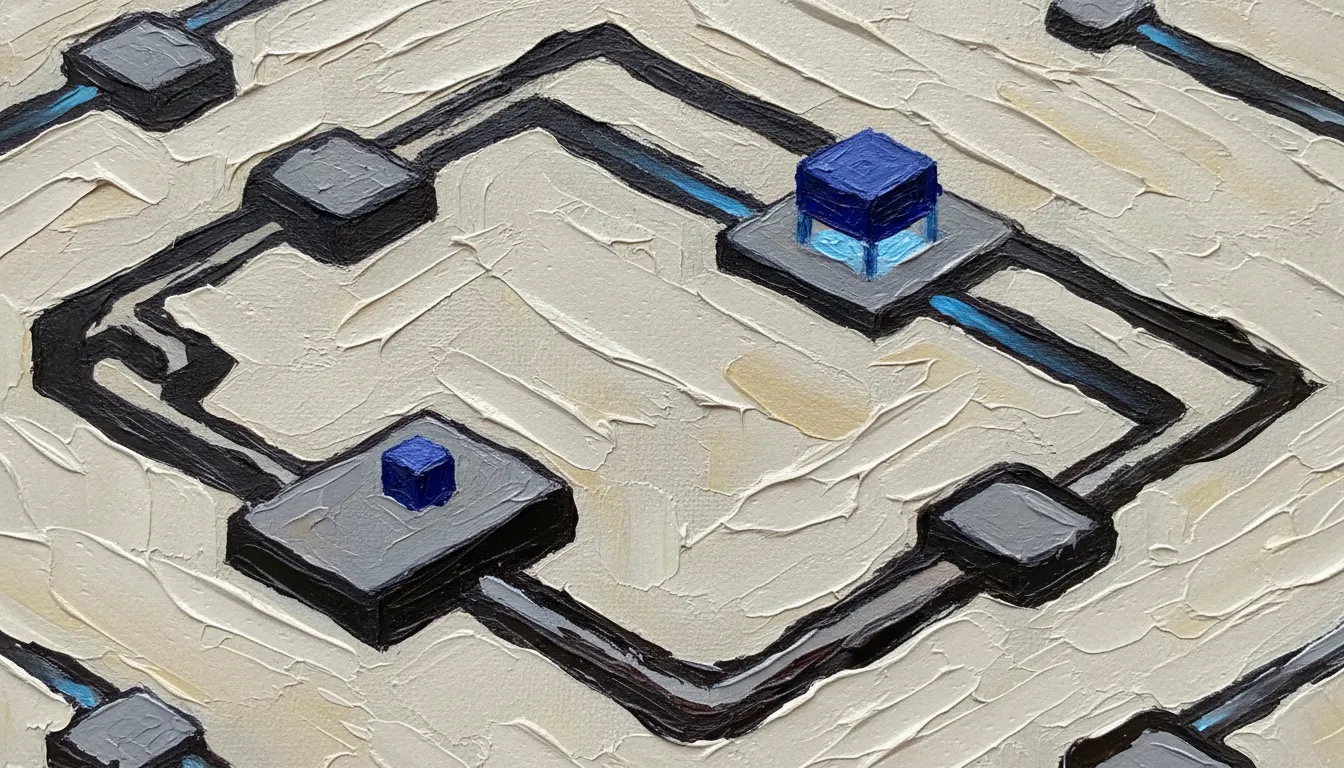 A thick impasto oil painting, seen close up: a closed isometric reasoning loop painted in heavy strokes; a small indigo dab — the protagonist block — sits at one station, while another link is a larger raised indigo block, a delegated model, its channels painted glowing indigo.
