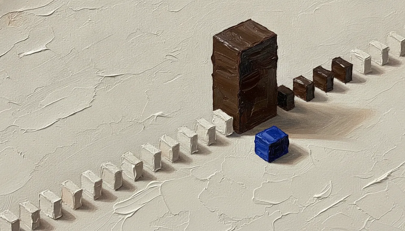 Macro view of a thickly painted oil surface: a massive dark brown block stands on a pale floor, with a single row of small identical slabs running through it. Behind the block they carry the same dark finish as the block itself; in front they are pale and hollow. A small indigo block stands exactly where the pale slabs turn dark.