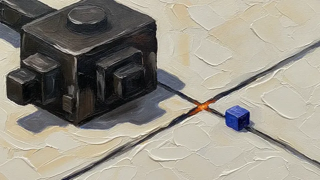 A close-up of a thickly painted oil painting: a massive dark machine volume rests deferentially on a pale plane; in the channel between the machine and the small indigo block there is an open break whose contact point glows burnt orange — a switch the machine itself leaves open.