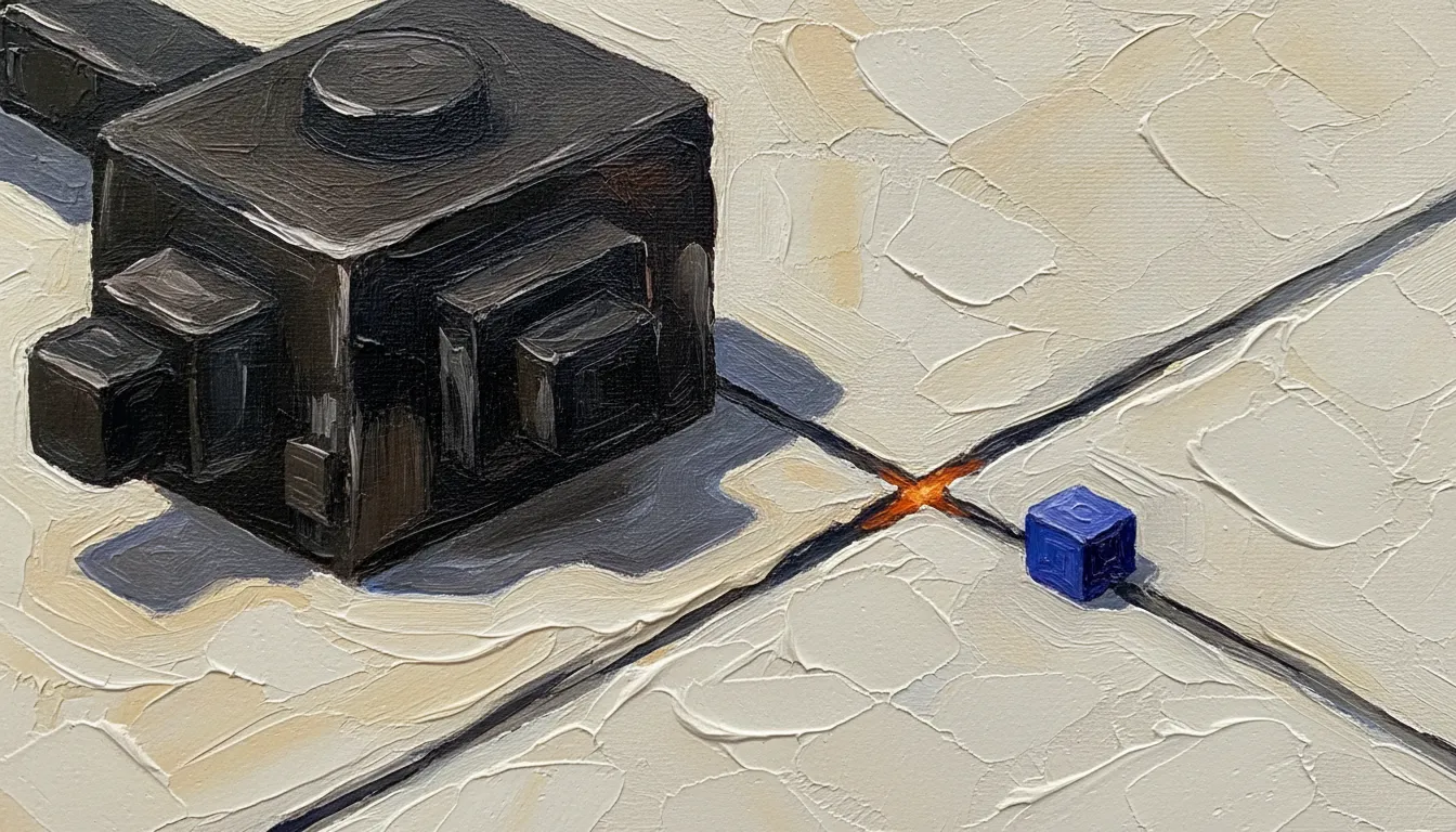 A close-up of a thickly painted oil painting: a massive dark machine volume rests deferentially on a pale plane; in the channel between the machine and the small indigo block there is an open break whose contact point glows burnt orange — a switch the machine itself leaves open.