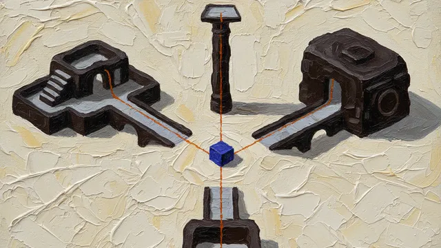 A close-up of a thickly painted oil painting: three distinct isometric structures on three sides of a plane — a stepped organism, a heavy machine volume, a tall thin column; a single thin burnt-orange thread runs through all three structures toward the center, where the small indigo block stands.
