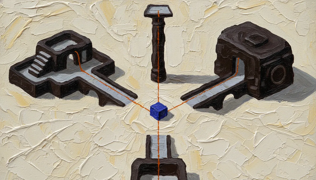 A close-up of a thickly painted oil painting: three distinct isometric structures on three sides of a plane — a stepped organism, a heavy machine volume, a tall thin column; a single thin burnt-orange thread runs through all three structures toward the center, where the small indigo block stands.