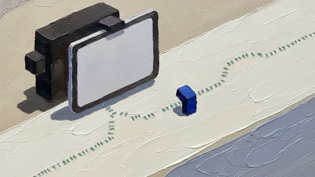A close-up of a thickly painted oil painting: a dark machine presents a polished blank tablet to the viewer; behind it stretches its actual track across the plane — a winding double row of small green paired imprints like entry and counter-entry; the small indigo block ignores the tablet and bends over the trail.