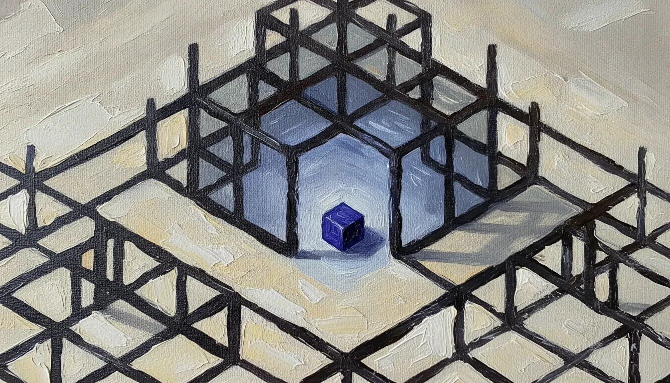 A close view of a thick impasto painting showing an isometric framework of connected chambers, with a small indigo block at the threshold of a lit central space.