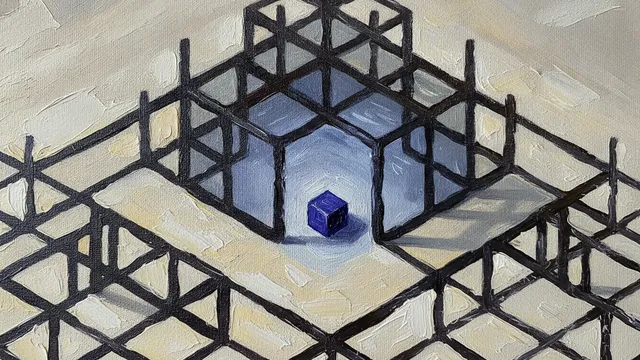 A close view of a thick impasto painting showing an isometric framework of connected chambers, with a small indigo block at the threshold of a lit central space.